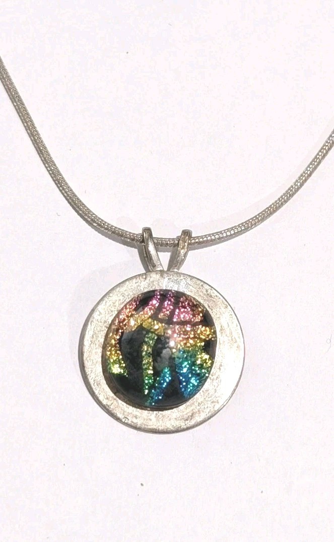 Sterling Silver 18″ Necklace With Silver Plated Multi Color Art Glass 1″ Pendant
