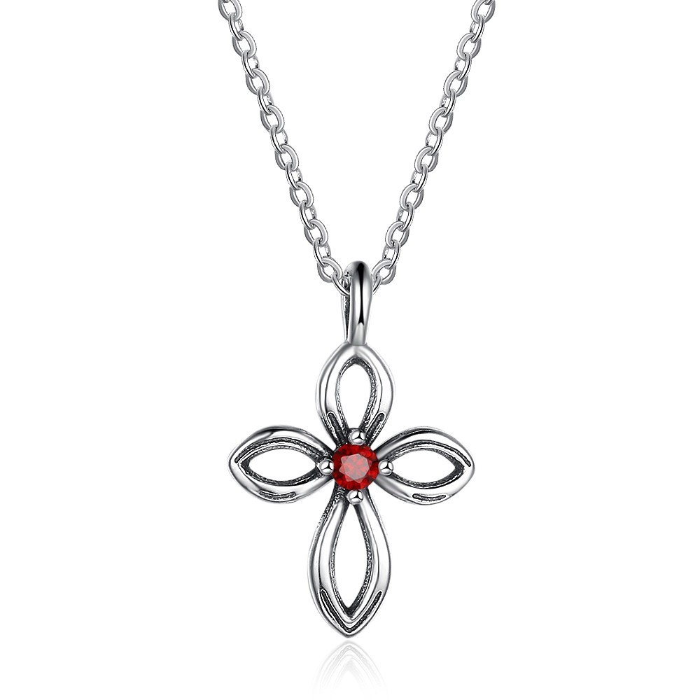 925 Sterling Silver Vintage 0.05 Carat Red CZ Cross Pendant and Necklace