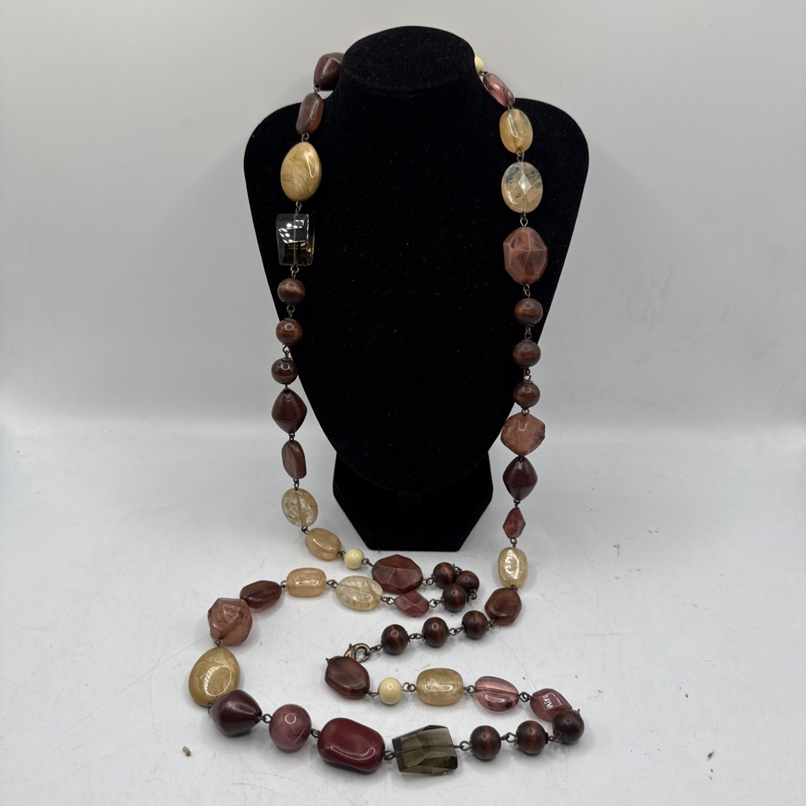 Vintage Long Colorful Beaded Statement Necklace – Earth Tones