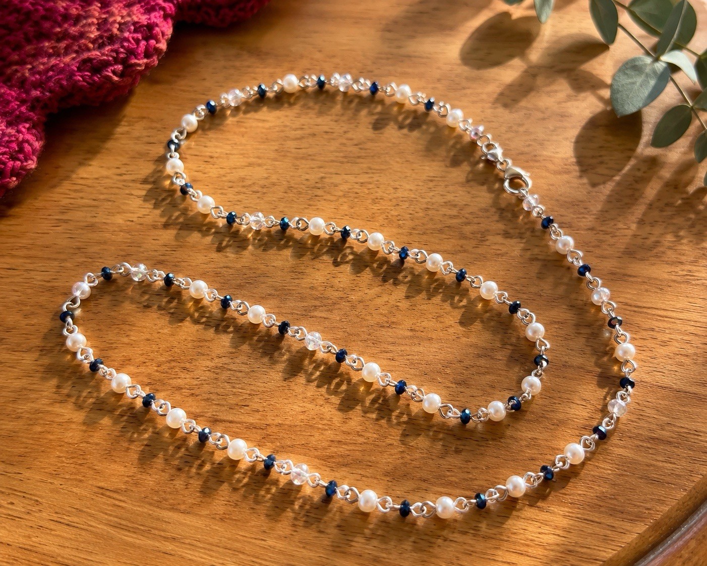 Handcrafted Pearl Sapphire Blue Crystal Necklace Silver Tone Wire 26 Artisan