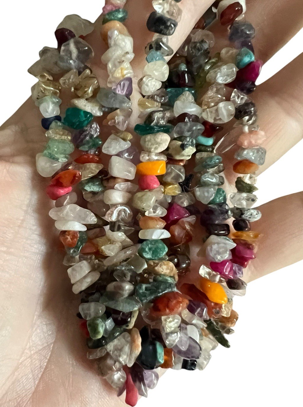 VIBRANT MULTI-COLORED IRREGULAR CHIP-SHAPED NATURAL GEMSTONE BEAD NECKLACE 34”