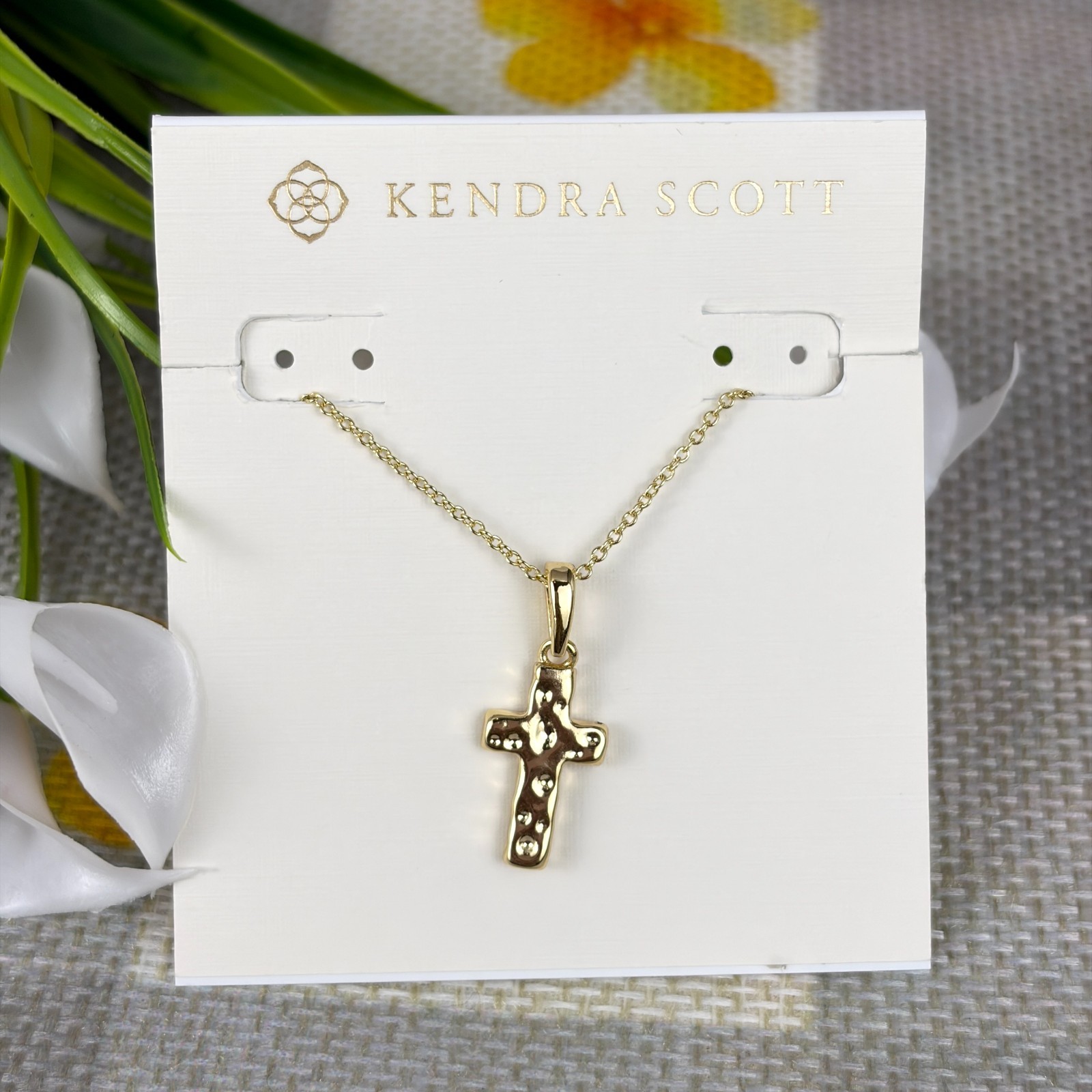 Kendra Scott Cross Gold Pendant Necklace in White Kyocera Opal