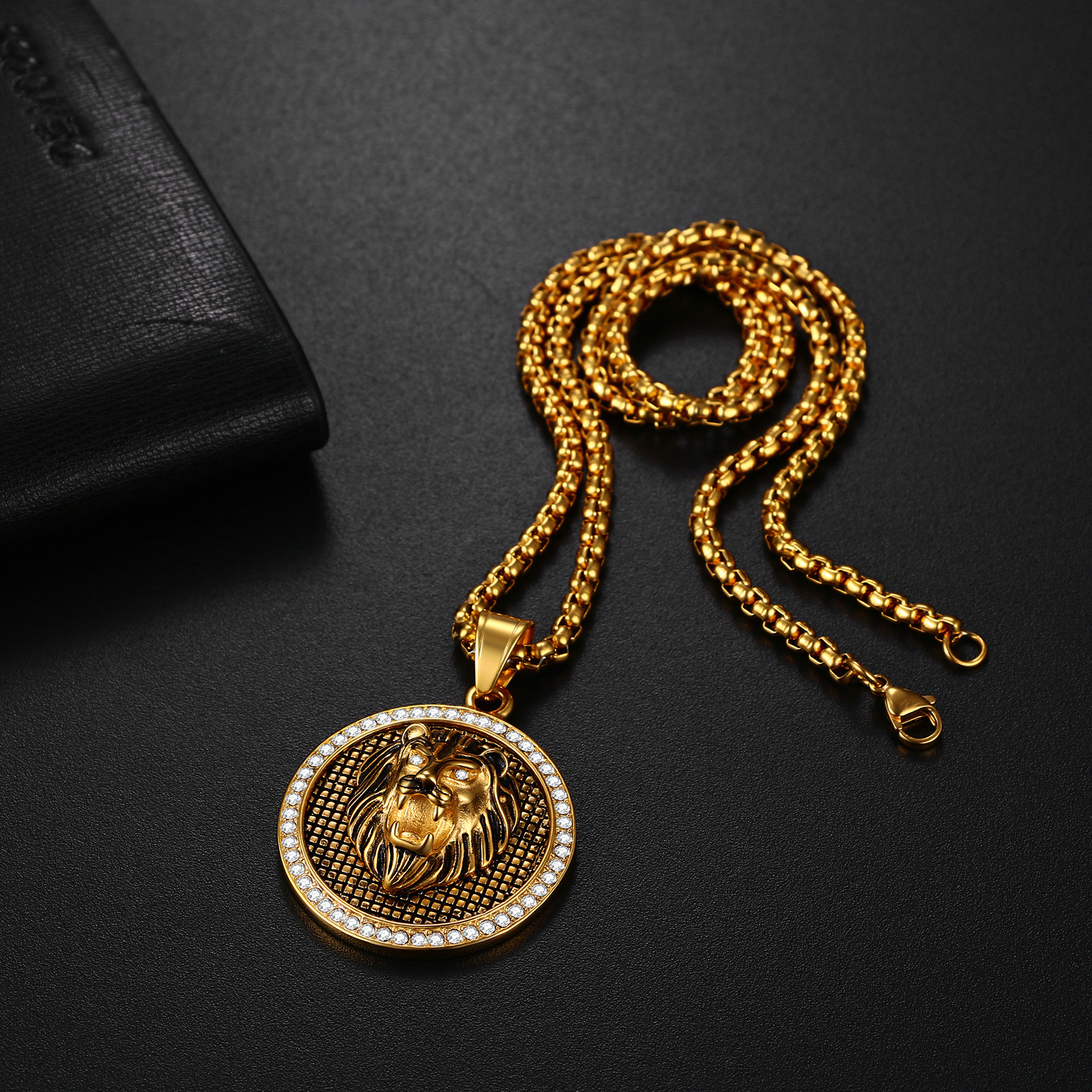 Mens Boys Hip Hop Gold Tone Lion Head Stainless Steel Pendant Necklace Chain 22″