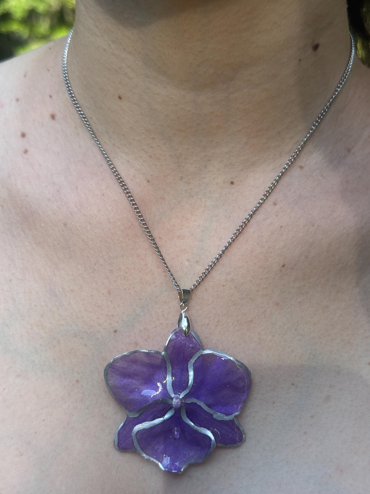 Real Violet Orchid Resin Necklace | Preserved Pendant | Silver Steel Chain