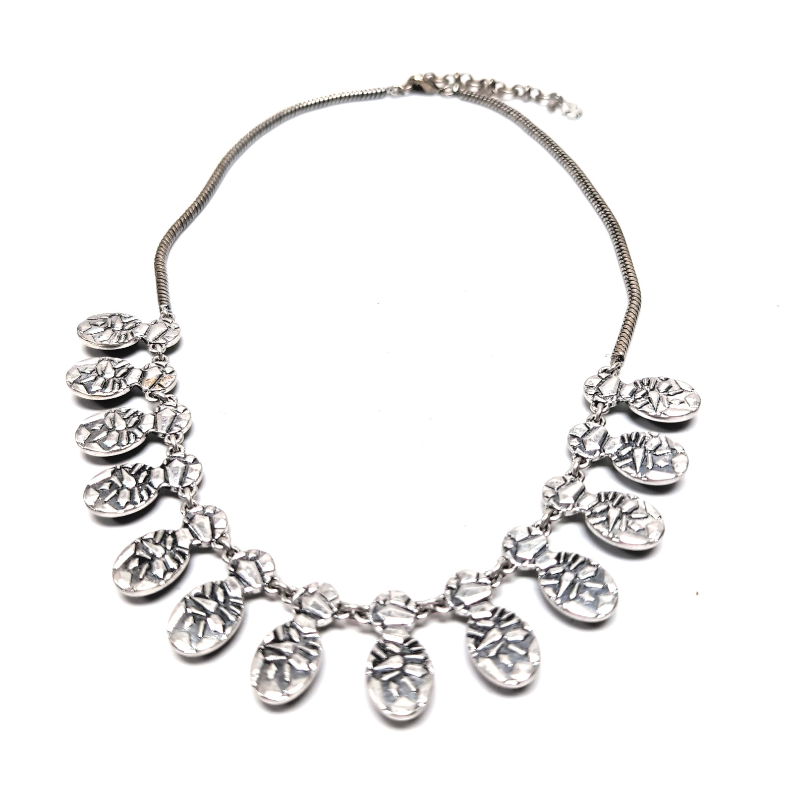 Lucky Brand Statement Necklace Silver Tone Snake Chain Green Faceted Ovals