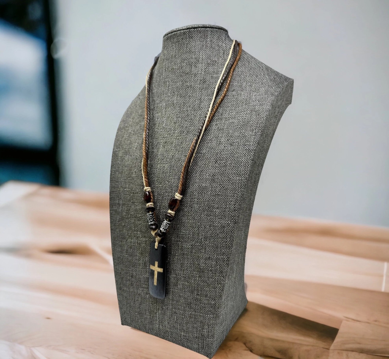 Boho Brown Cross Necklace Resin Pendant 1.75” | Multi Strand Earthy Cord