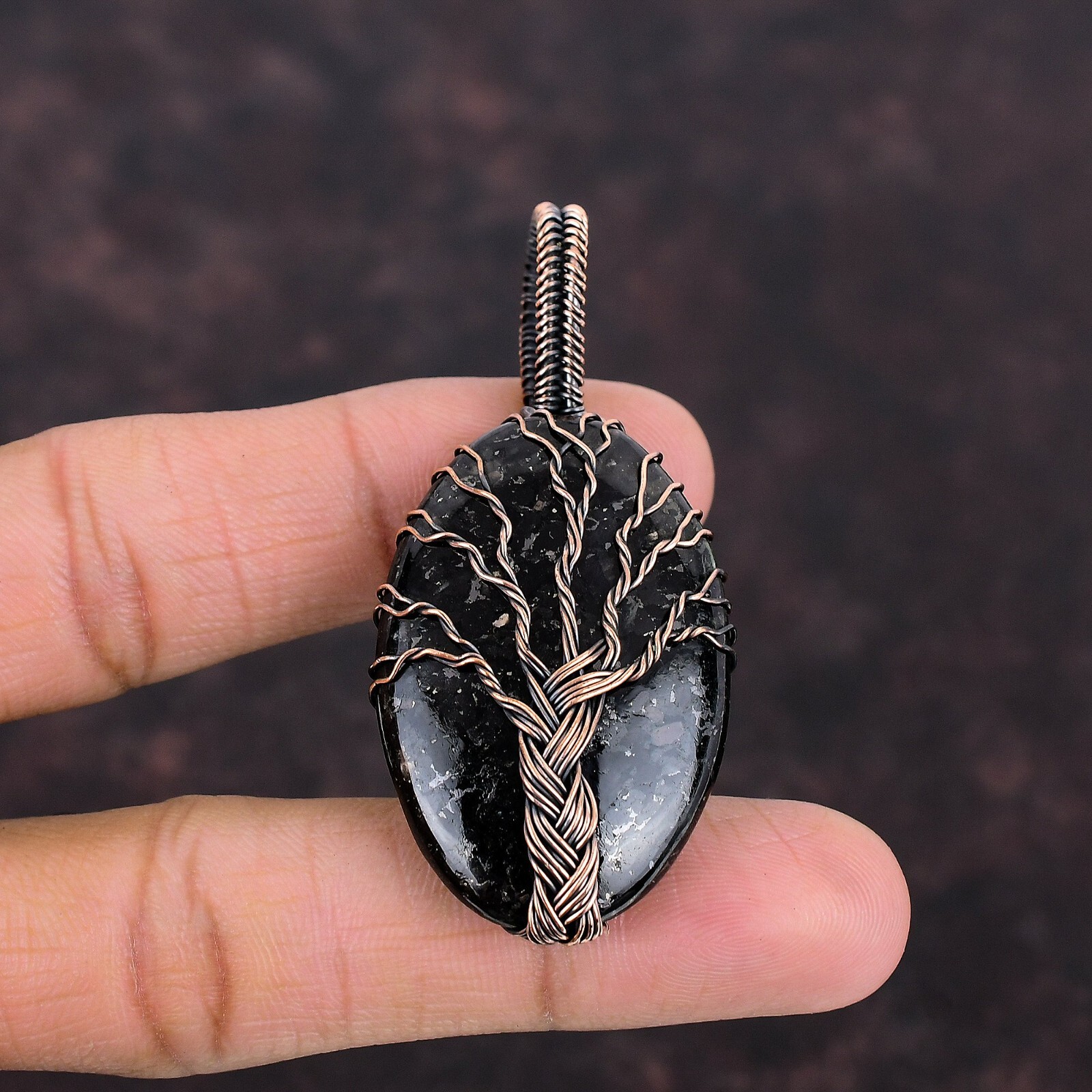 Natural Nuummite Pendant Tree Of Life And Wire Wrapped Unknown Copper