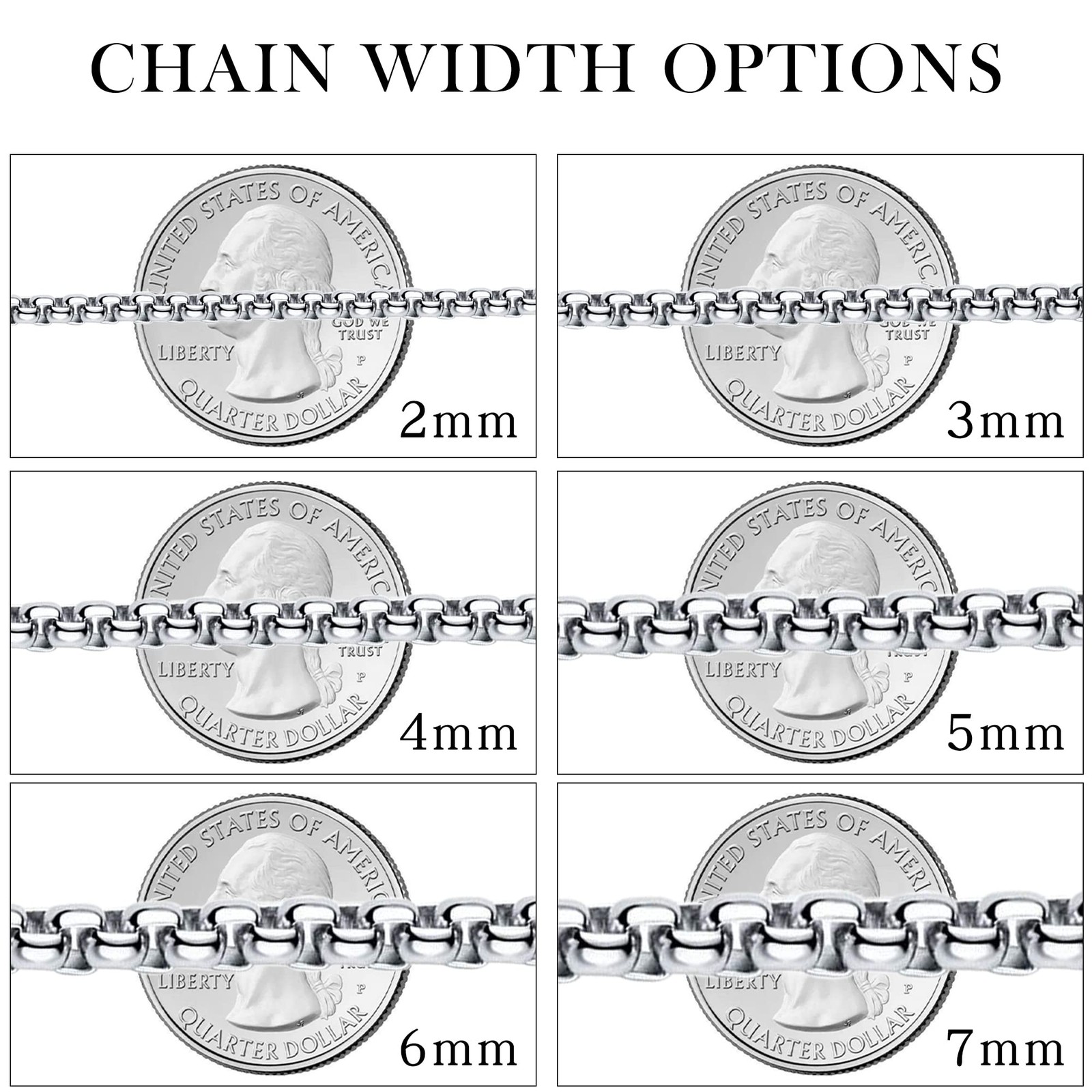 2-7 mm 16-36 In Square Rolo Stainless Steel Chain Necklace Round Box Necklace…