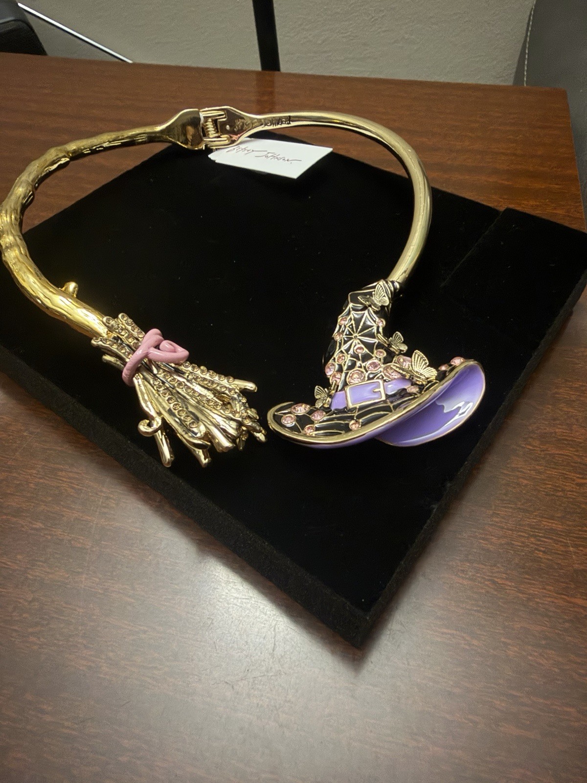 Betsey Johnson Halloween Witch Hat & Broom Enamel Crystal Necklace Gold/Purple