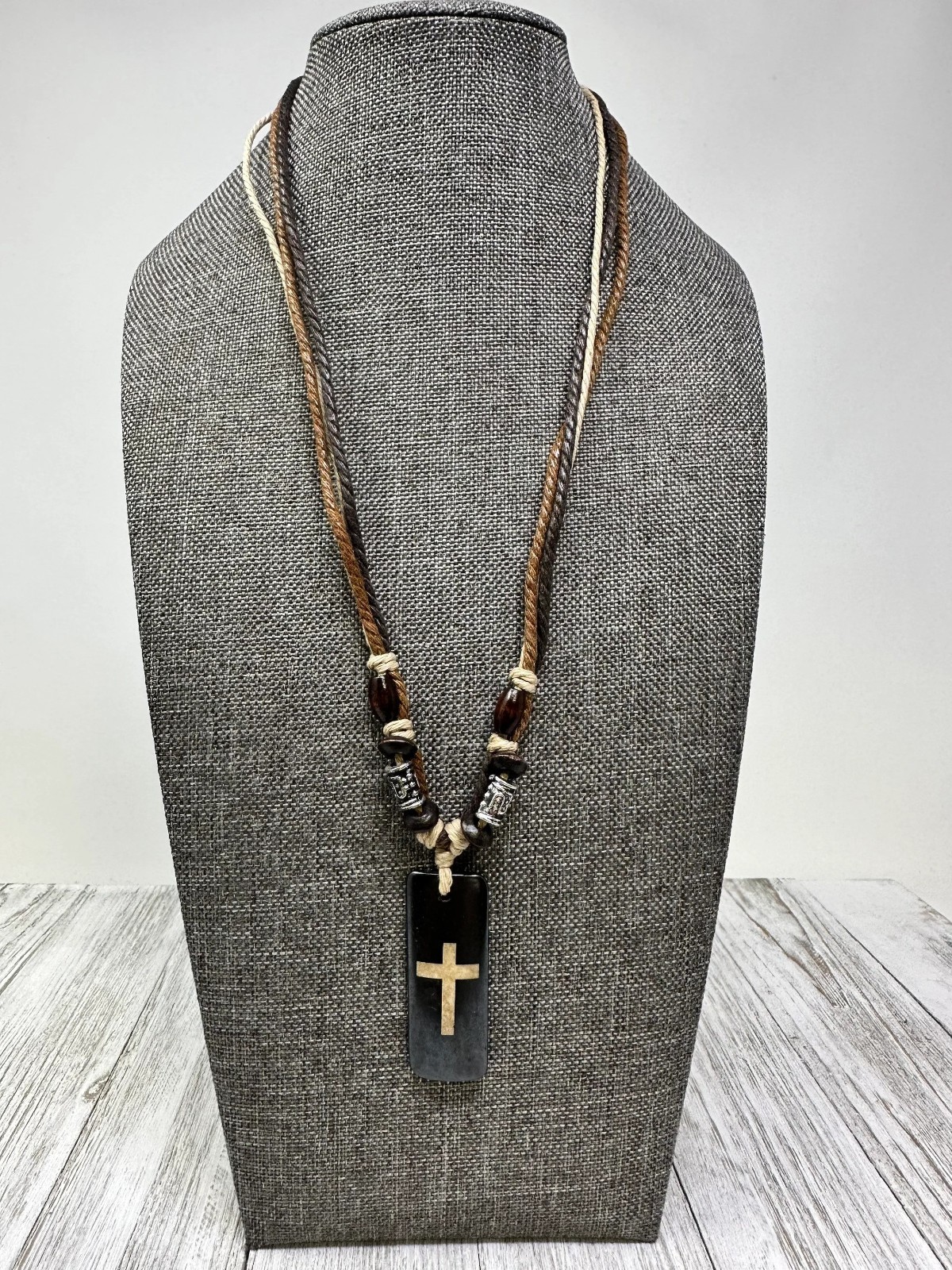 Boho Brown Cross Necklace Resin Pendant 1.75” | Multi Strand Earthy Cord