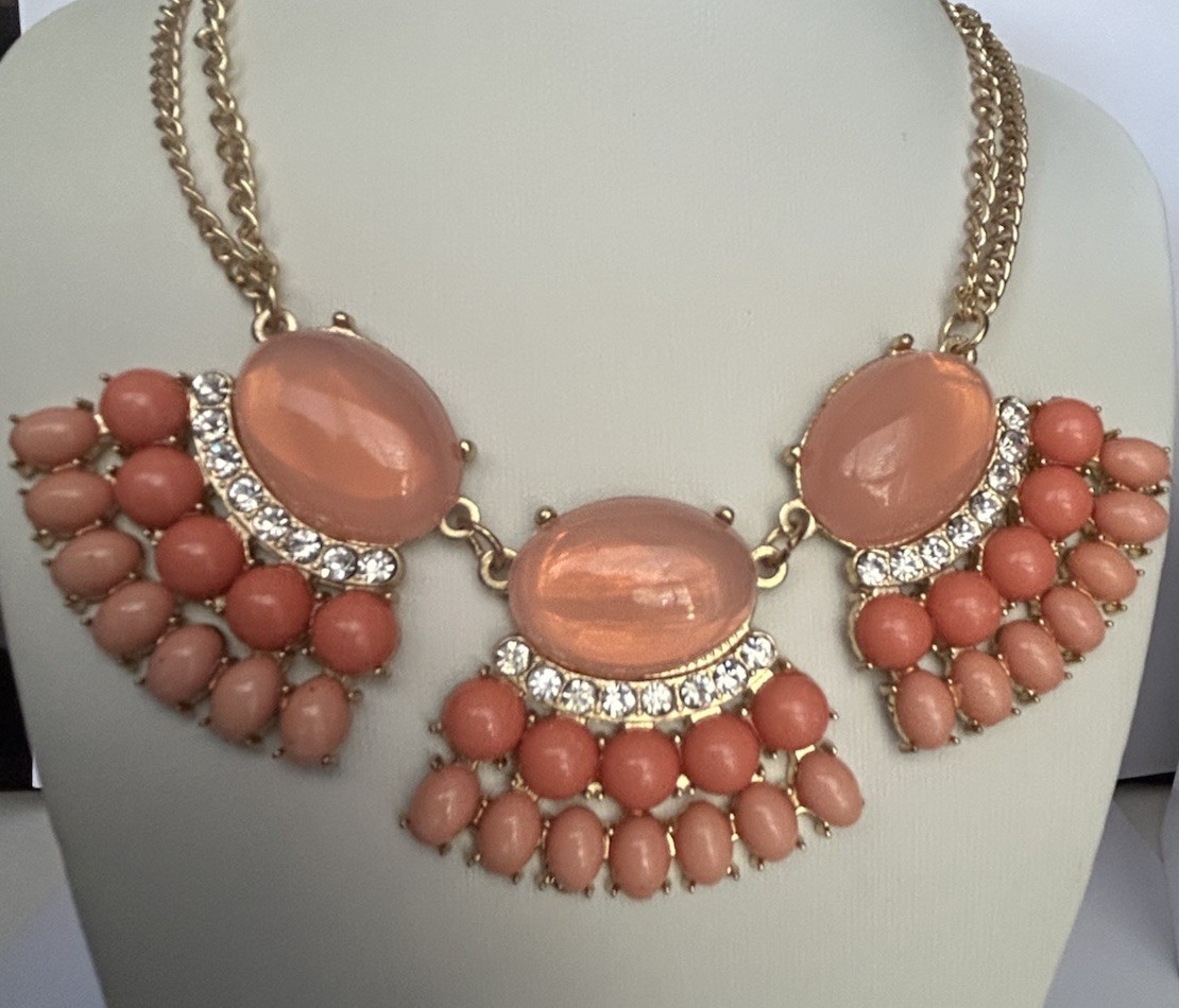 Blush Pink Coral Statement Bib Necklace Gold Tone Rhinestone Cabochon Boho