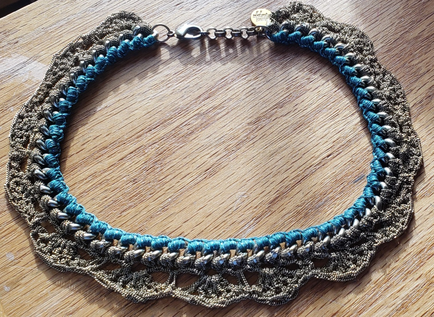 VENESSA ARIZAGA NECKLACE/CHOKER – WOVEN BRASS CHAIN MESH – SILK/COTTON BRAIDED