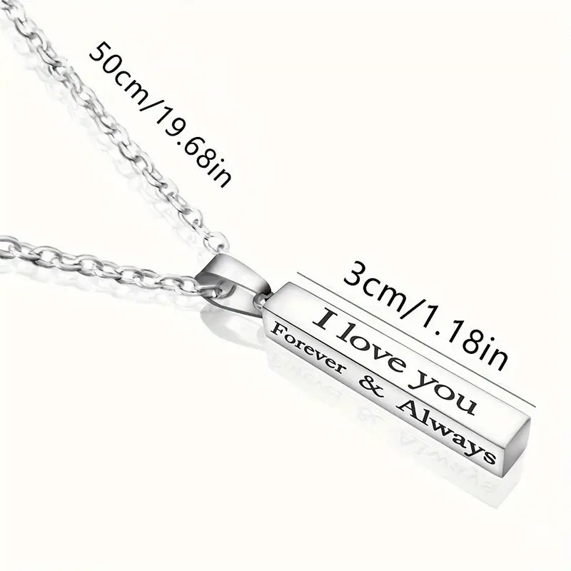 Silver Column Bar Necklace I Love You Forever & Always Romantic Pendant Gift