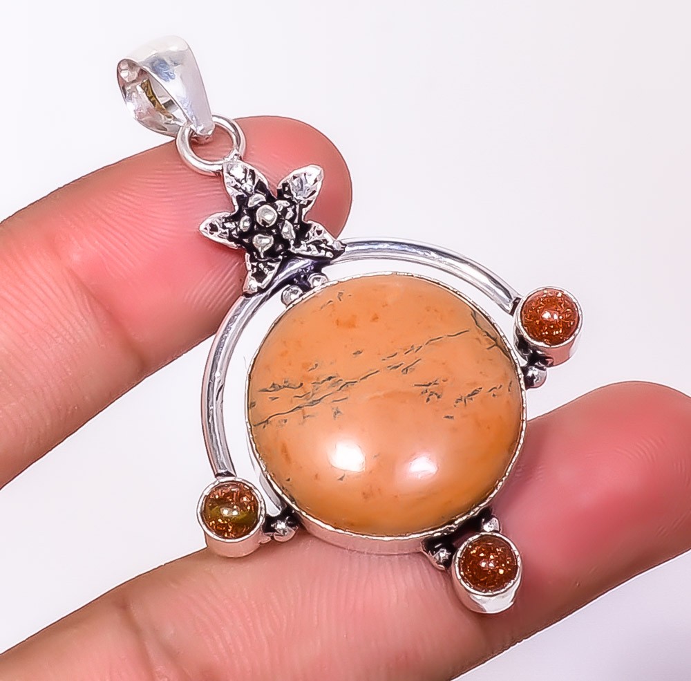 Natural Picasso Jasper & Golden Sunstone 925 Silver Plated Pendant 2.26″ M410