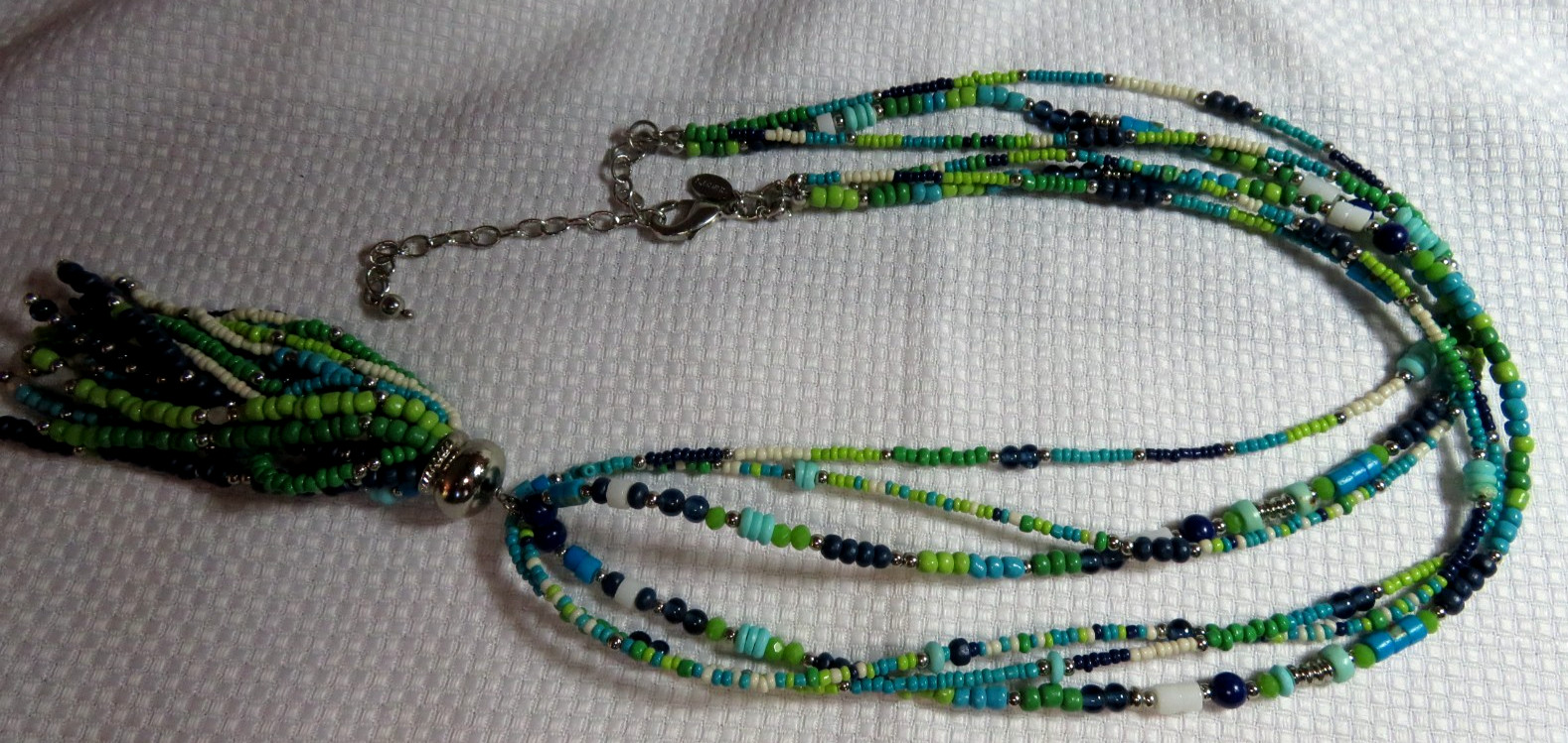 CHICOS LONG MULTI-STRAND & MULTI-COLORED TASSELS NECKLACE W/SILVER TONE HARDWARE