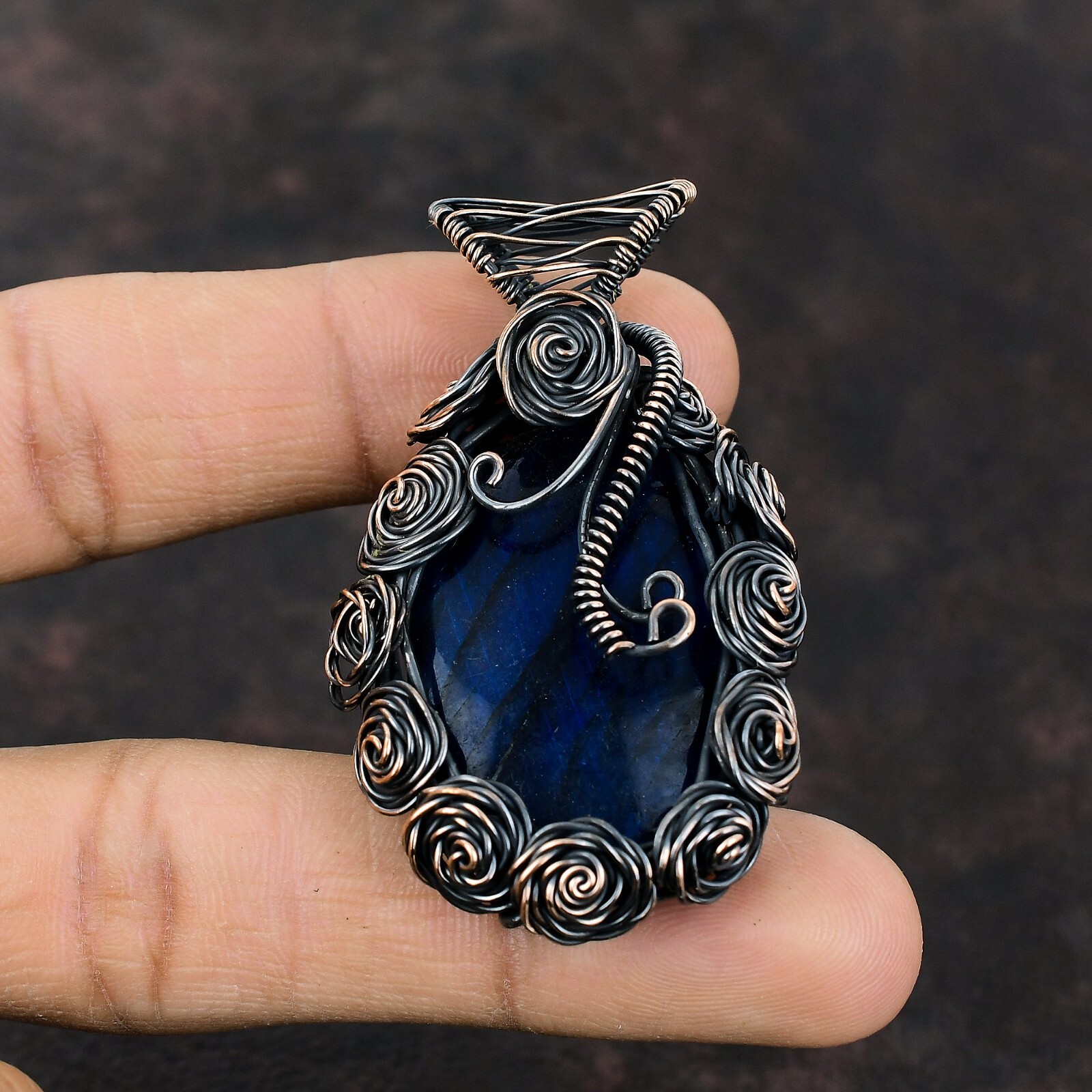 Blue Fire Labradorite Copper Gift For Mum Wire Wrapped Flower Pendant 2.56″