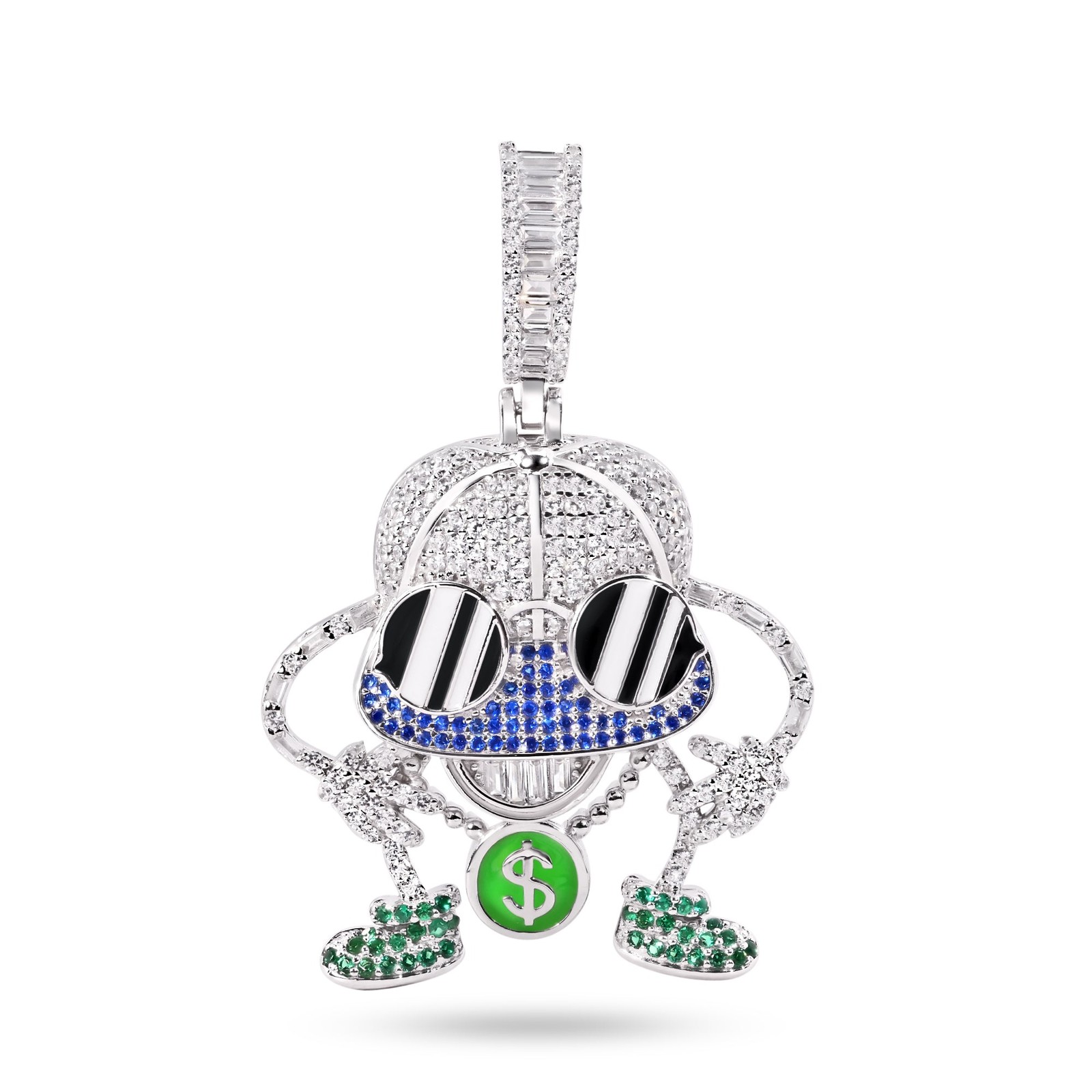 Rhodium Plated 925 Sterling Silver Hip-Hop Enamel Glasses Money Hat $ CZ Pendant