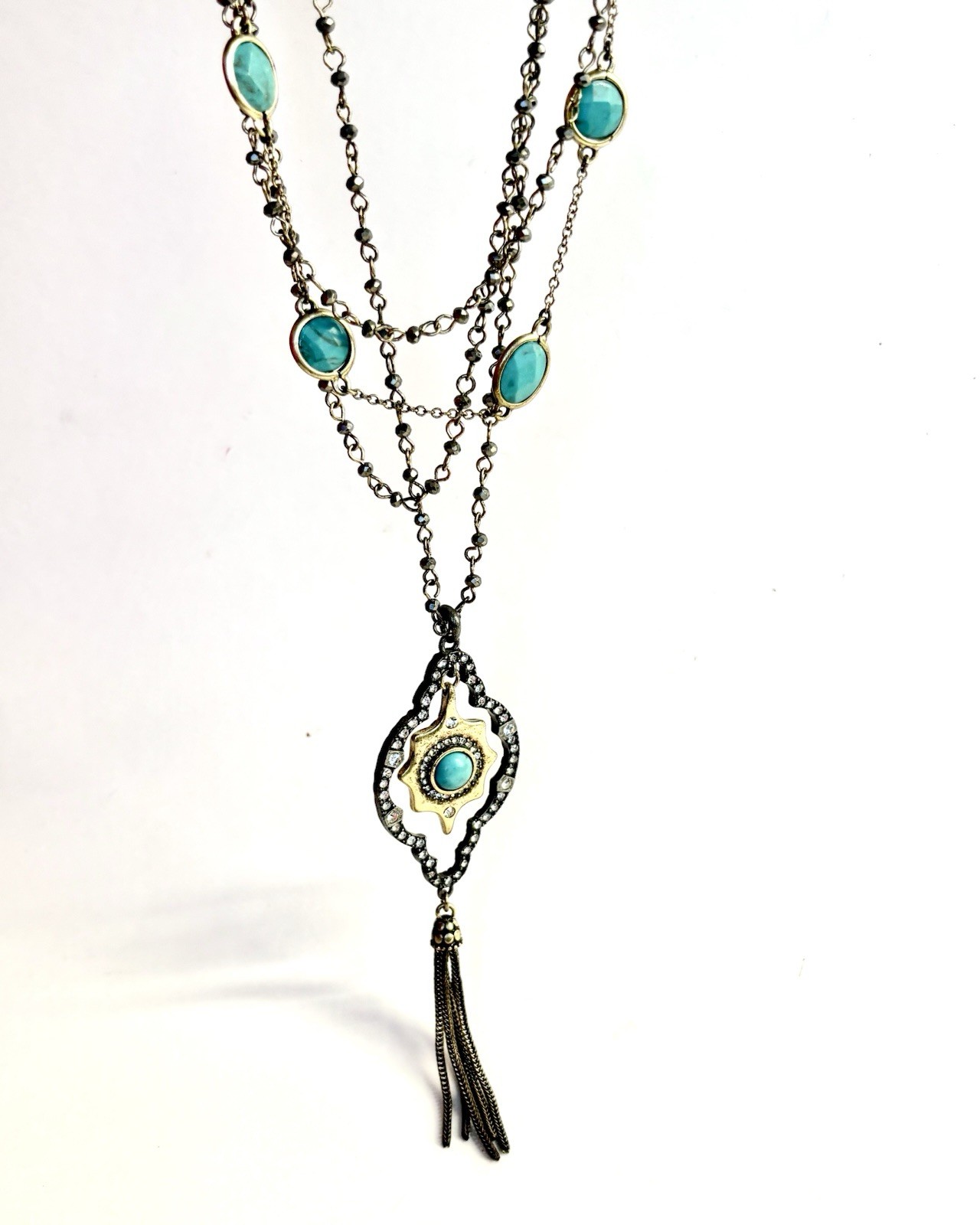 Lucky Brand Turquoise Dyed Stone Layered Multiple Bronze Tone Pendant Necklace