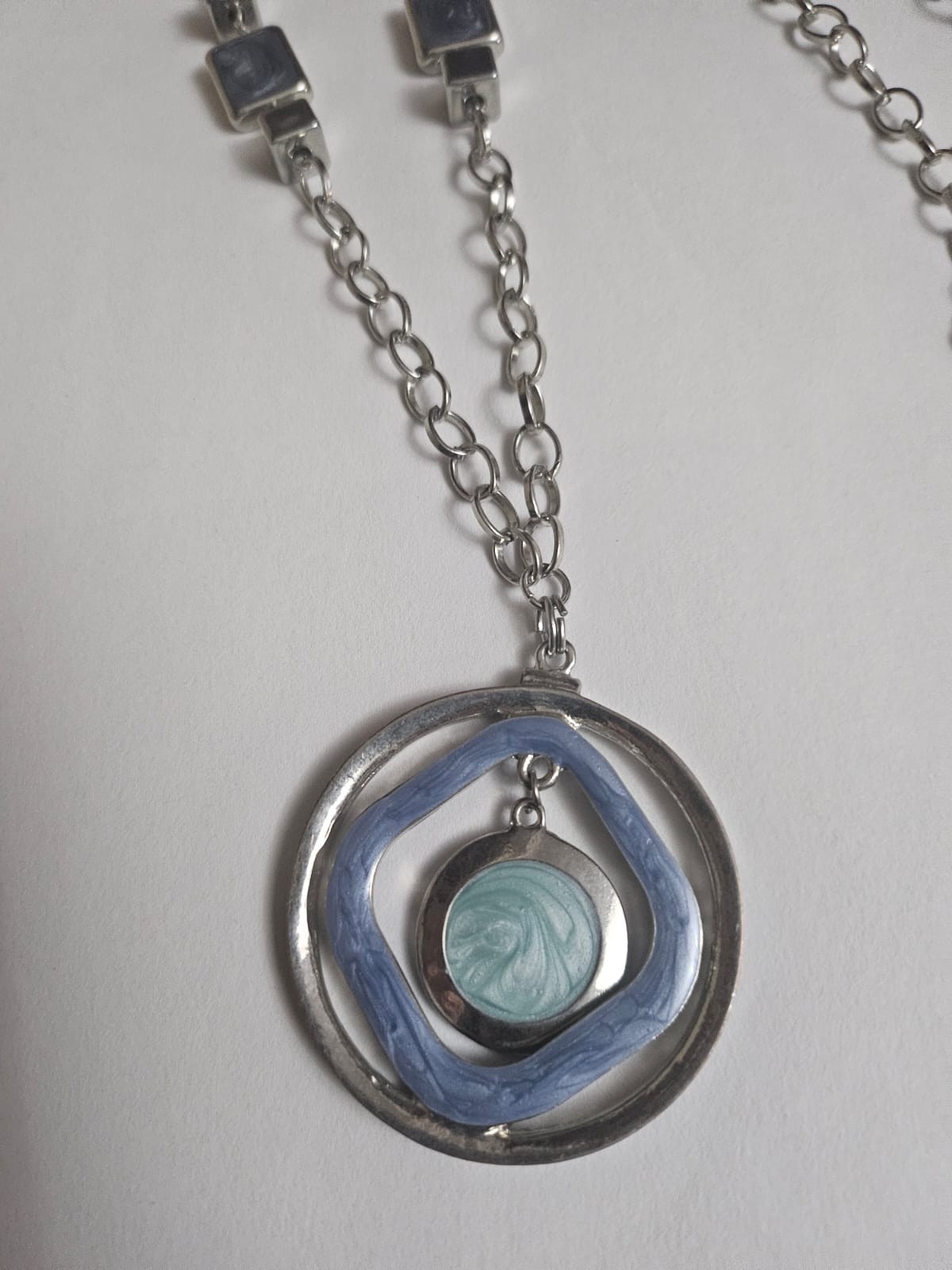 Vintage Long Geometric Statement Necklace Blue Gray Beaded Boho Pendant