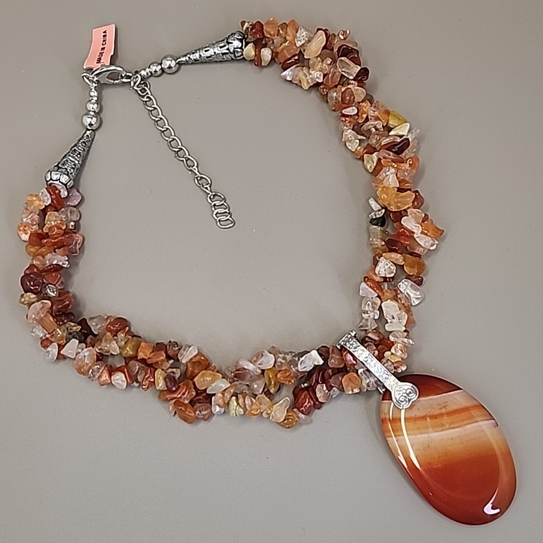Carnelian Agate Necklace Chip Beaded Triple Layered Statement Orange JTV 22″
