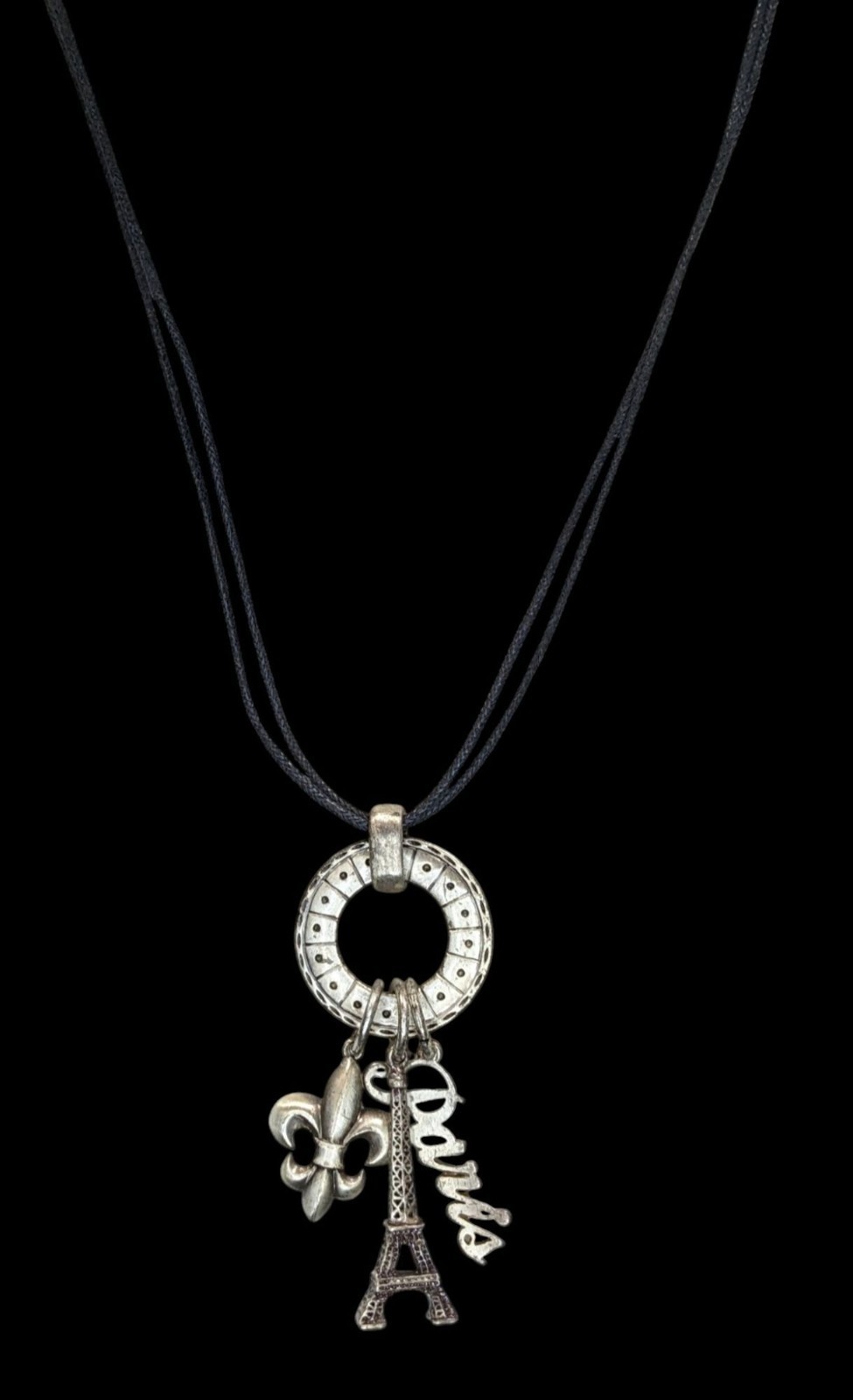 Paris France Charm Necklace Cluster Pendant Black Silver Souvenir Jewelry