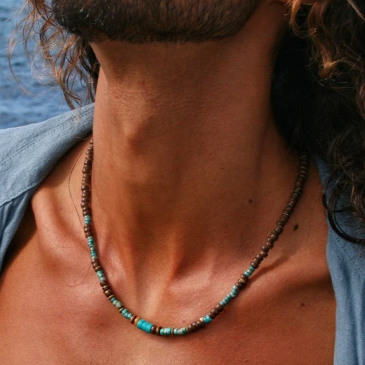 Mens Boho Necklace Natural Wood Turquoise Beads Surfer Choker Handmade Jewelry