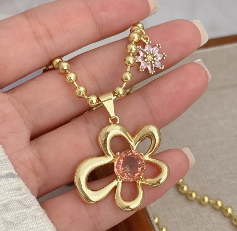 Classic Style Flower Copper Zircon 18K Gold Plated Ball Chain Pendant Necklace
