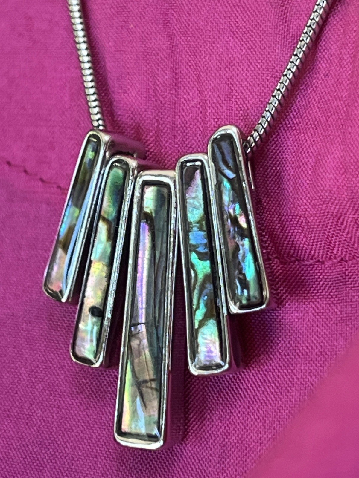 Modern Silver Plated Abalone Shell Inlay Bar Pendant Necklace Snake Chain