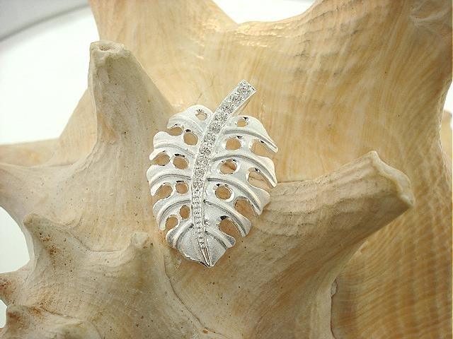22MM SOLID 925 STERLING SILVER MATTED HAWAIIAN MONSTERA PLANT LEAF CZ PENDANT