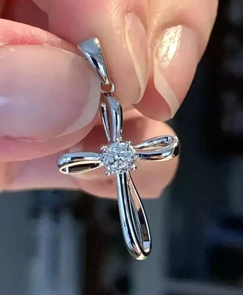 2.00Ct Round Simulated Diamond Cross Pendant With 18″Chain 14k White Gold Plated