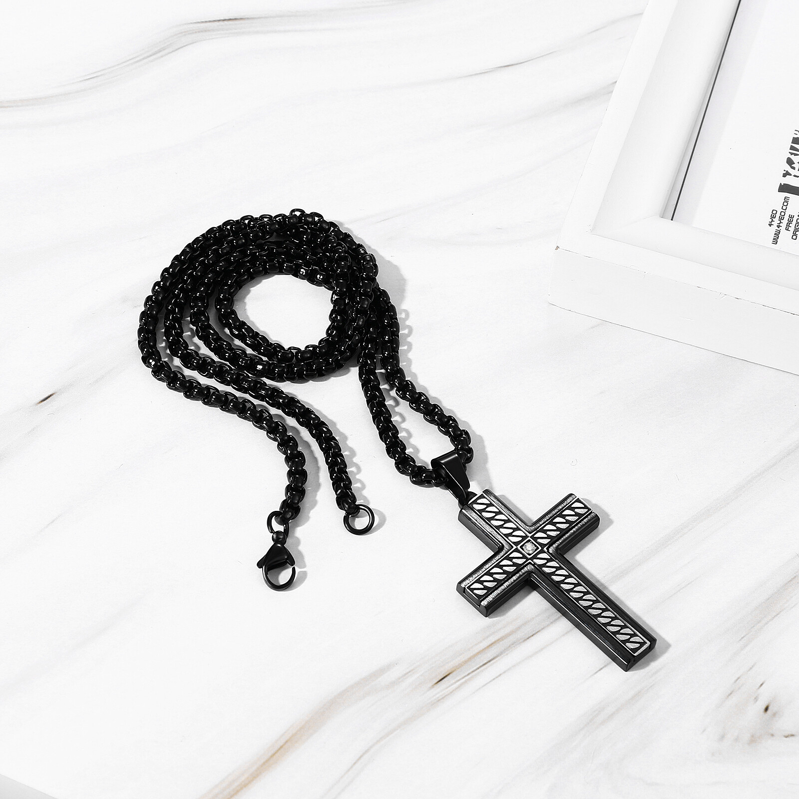 Mens Boys Cool Black Striped Cross Stainless Steel Pendant Necklace Chain 22in