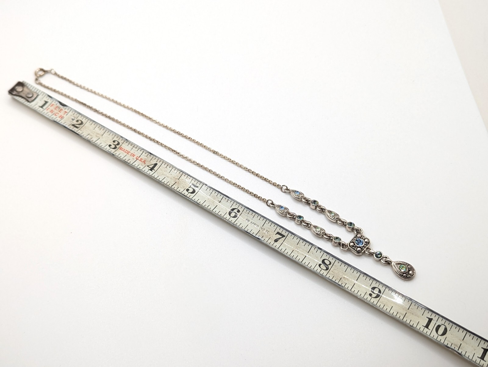Vtg Trifari Blue Green Rhinestones Art Deco Silver Tone Y Drop Lariat Necklace