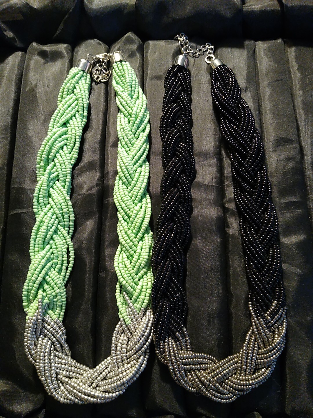 2 Braided Seed Bead Necklace Mint Green Black Silver Chunky 16″+2″ (L305)