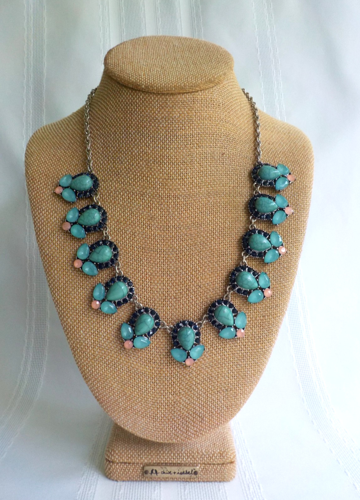 Faux Turquoise Teardrop Necklace Silver Tone Metal Black Peach Linked Plastic