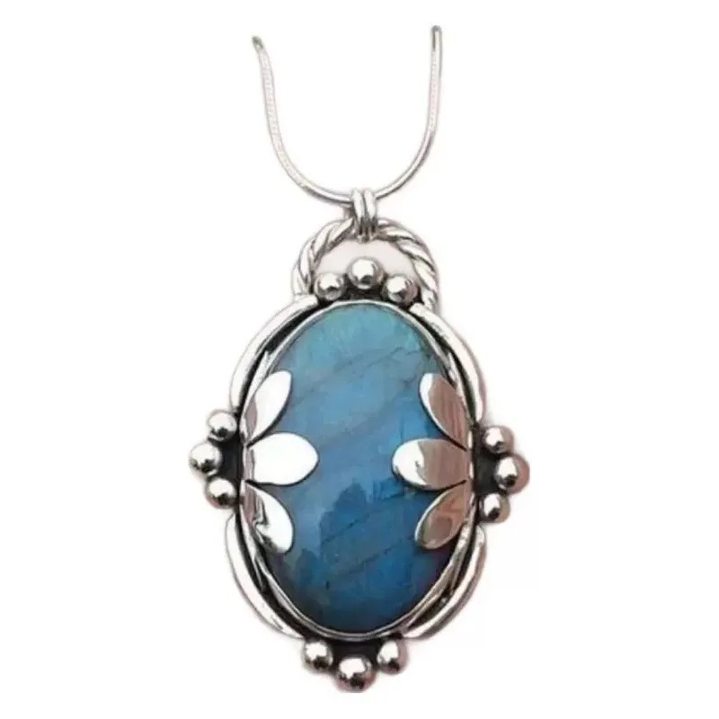 Silver Tone Snake Chain Necklace Blue Oval Labradorite Pendant 16.93in 3.5×2.8cm