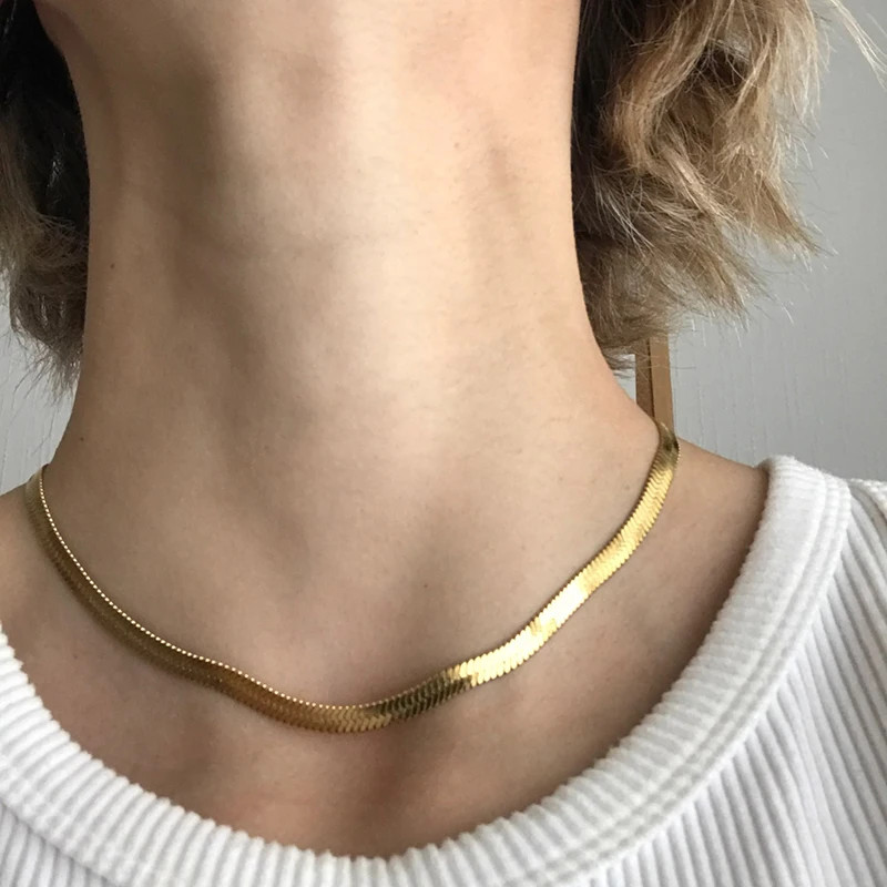 Flat Snake Chain Necklace Stainless Steel Gold Color Smooth Finish Jewelry