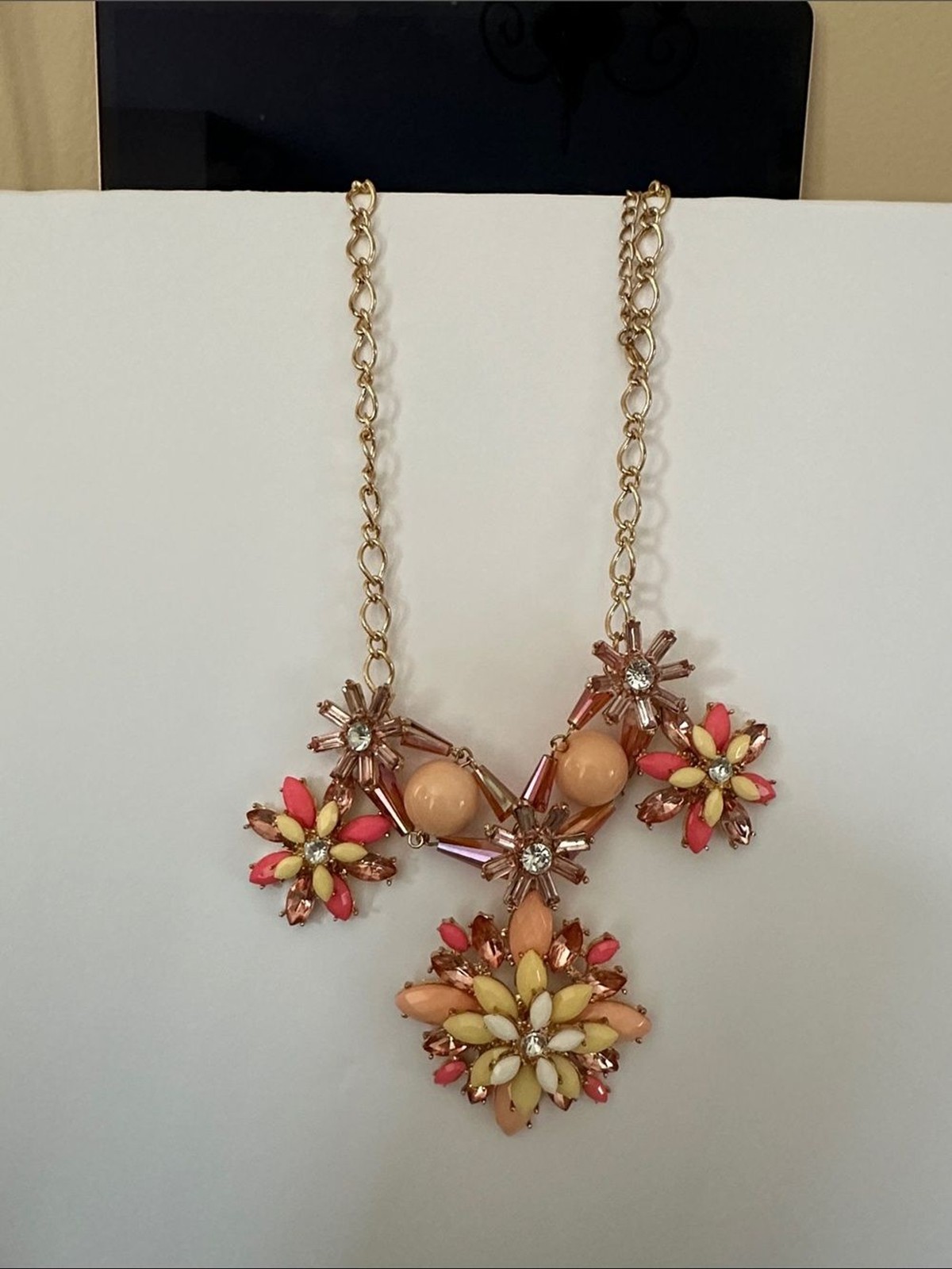Gold-Tone Floral Statement Necklace with Coral, Peach & Cream Accents