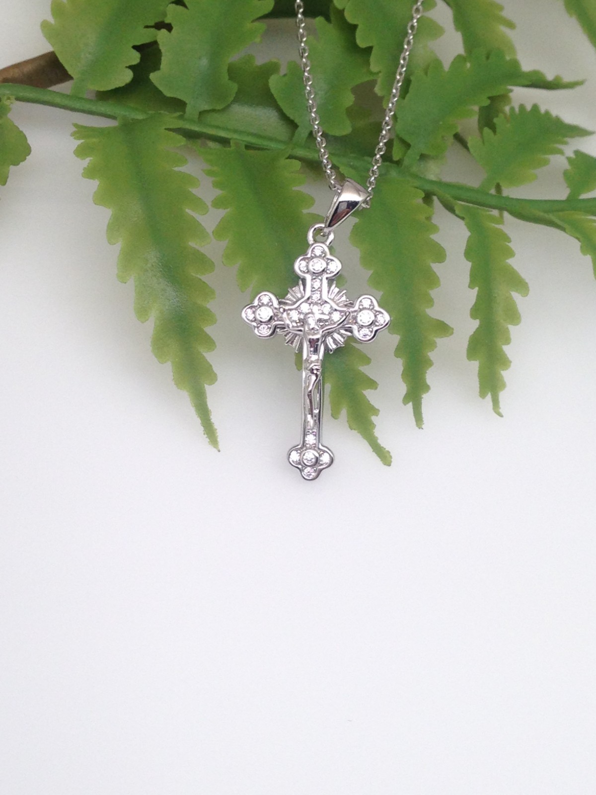 925 Sterling Silver CZ Orthodox Crucifix Cross Pendant Necklace Women 22mm 18″