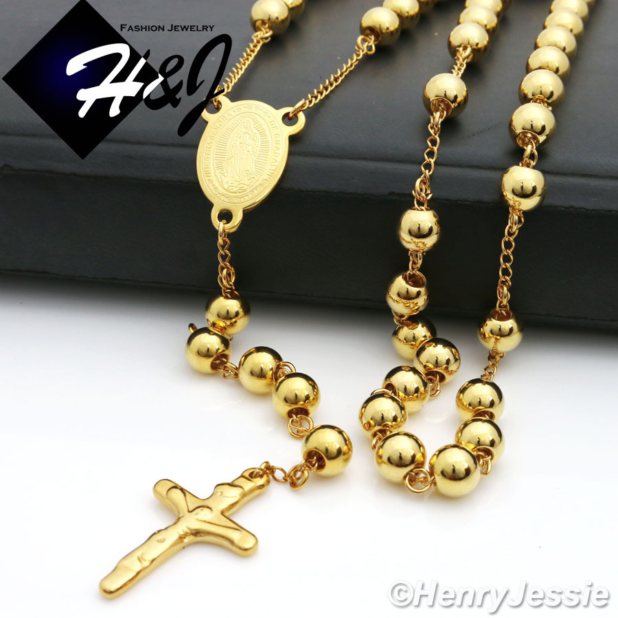 26+5″MEN Stainless Steel 6mm Gold Plated Beads Virgin Mary Rosary Necklace*RN11