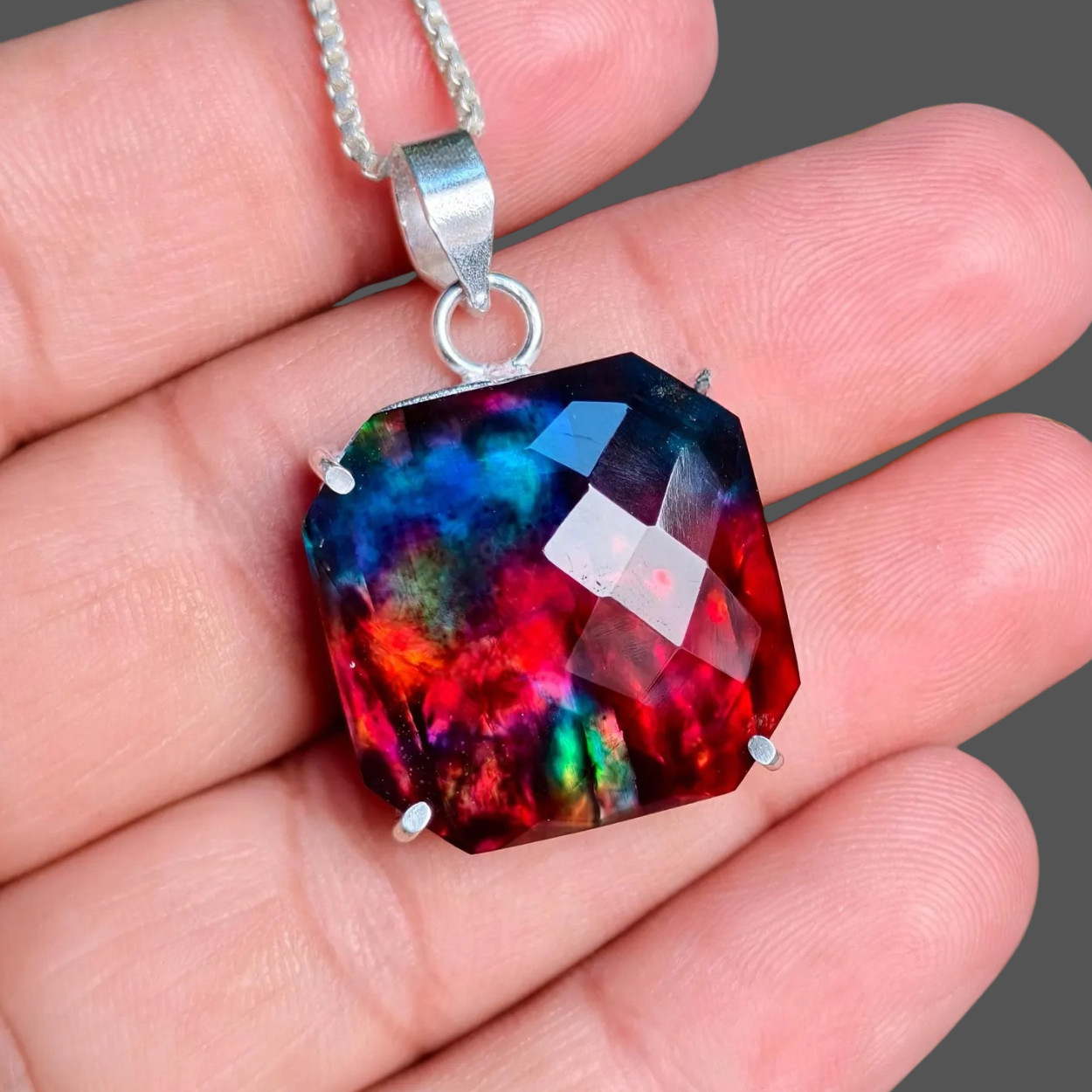 46Ct Multi Fire Ammolite Cushion Cut German Silver Pendant Necklace Gift Jewelry