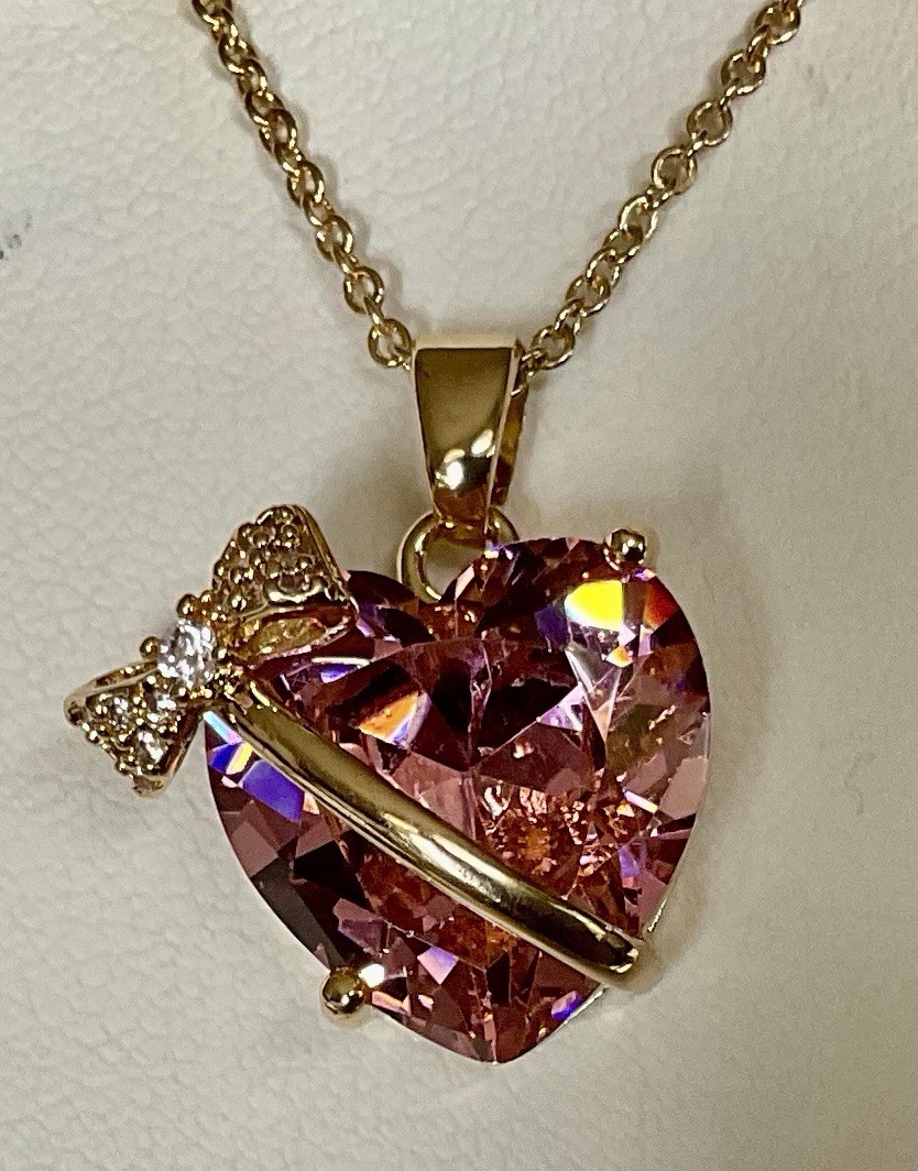 Pink Heart Cut Necklace – 13mm Or 12.0ctw – Goldtone Setting – 18” Chain !!!