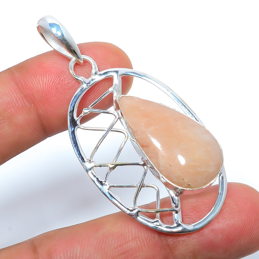Amazonite – Beige Gemstone Silver Handmade Pendant 2.22″ T2796