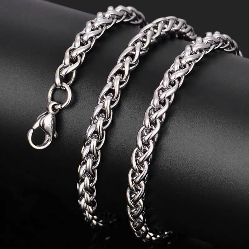 3/4/6/8mm Braided Wheat Round Spiga Chain Silver Stainless Steel Men Necklace
