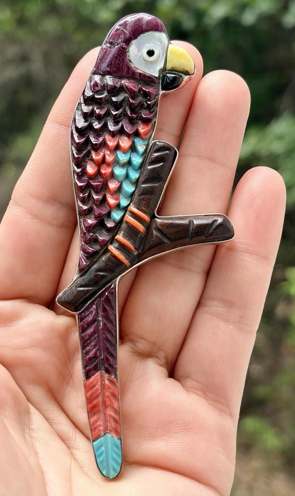 Vintage Navajosigned 925 Parrot coral turquoise spiny oyster M.O.P onyx pendant