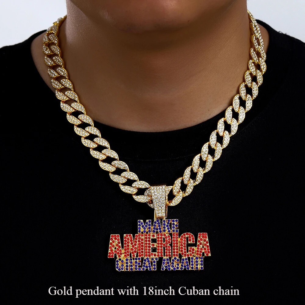Hip Hop Iced Make America Pendant Necklace Punk CZ Crystal Chain Rap Jewelry NEW