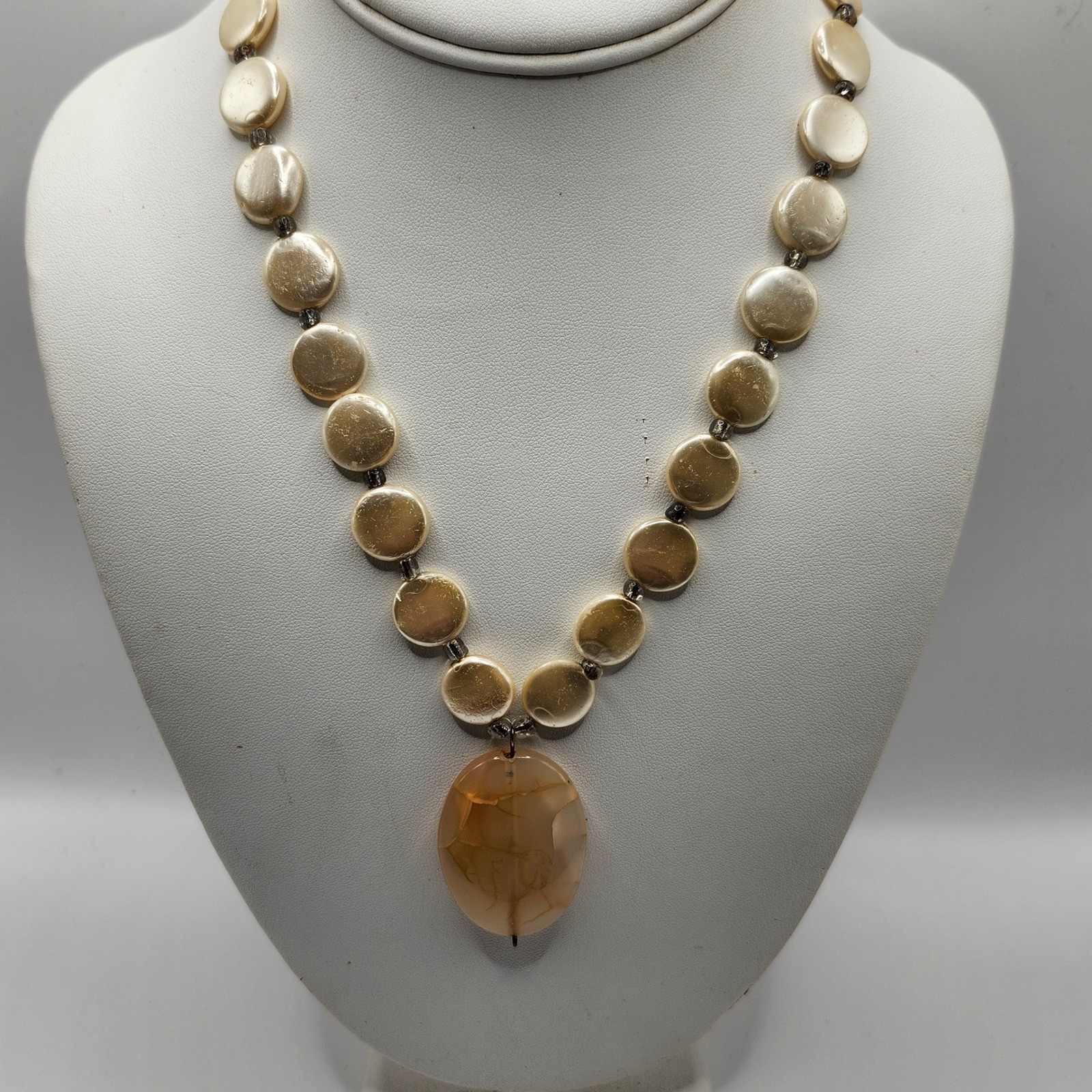 Vintage Cream Coin Bead Necklace with Large Agate Pendant Toggle Clasp Boho