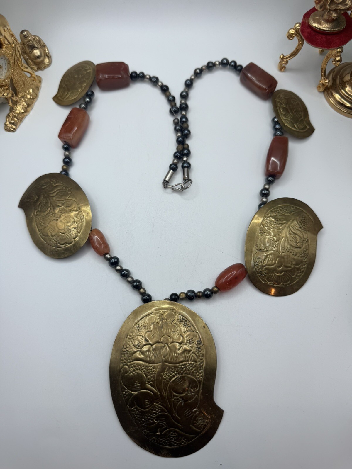 Vintage Boho Ethnic Mixed Metal Necklace Copper Brass Black Beads Statement 32”