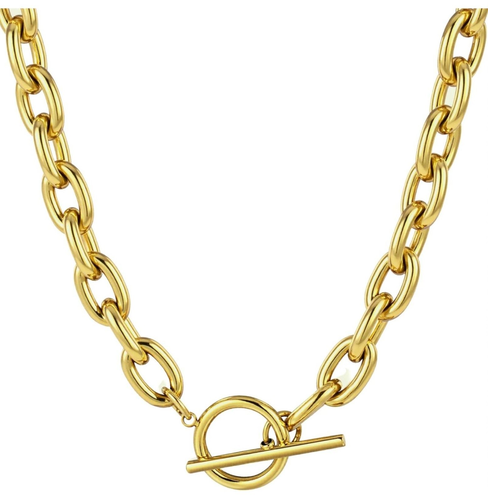 18k Gold Plated Stainless Steel Chic Chain Necklace with Toggle Clasp 011626