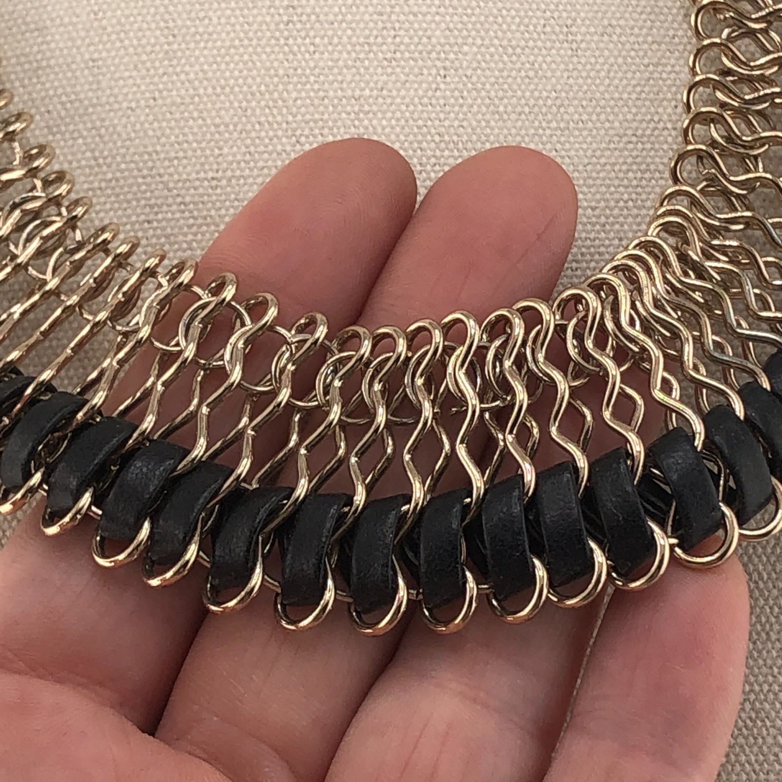 Woven Bib Necklace Gold Tone & Black Cord Statement Festival Retro Collar