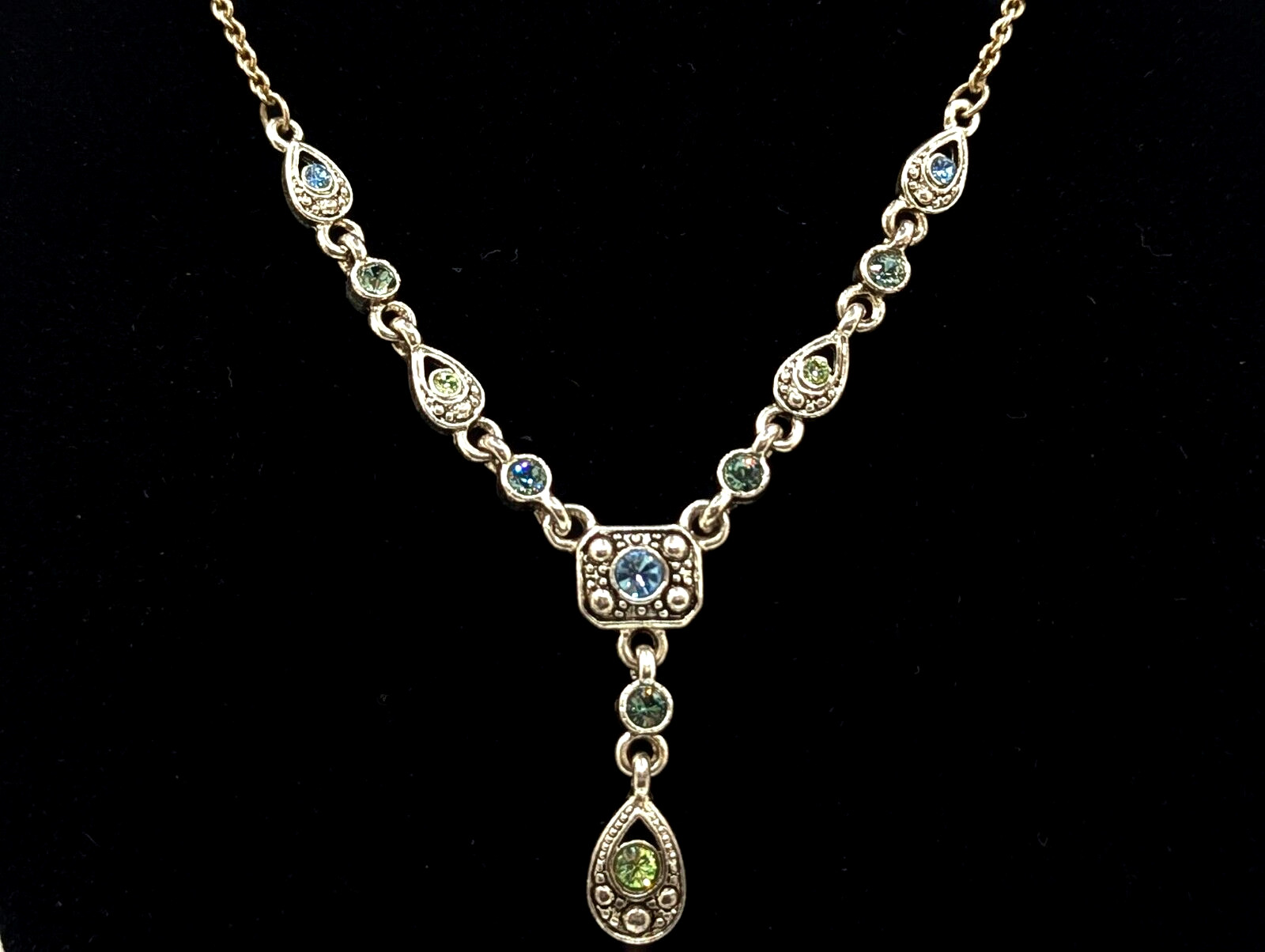 Vtg Trifari Blue Green Rhinestones Art Deco Silver Tone Y Drop Lariat Necklace